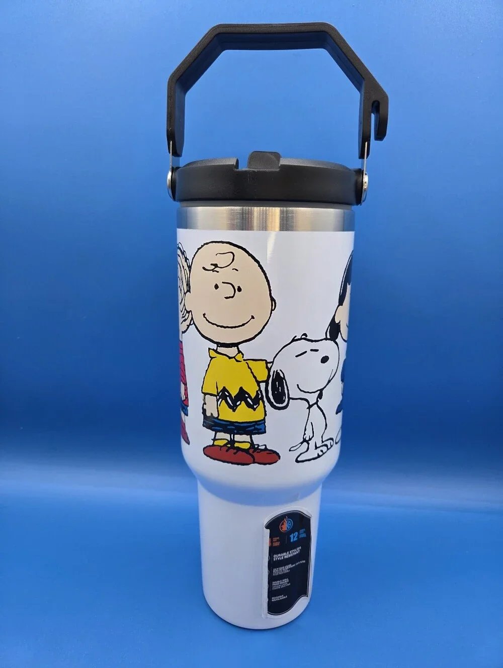 Kids White Cartoon Character Travel Tumbler with Black Lid and Handle